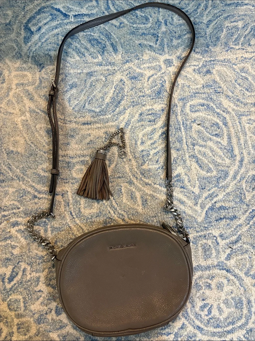 Michael Kors Grey Leather Oval Crossbody with Tassel